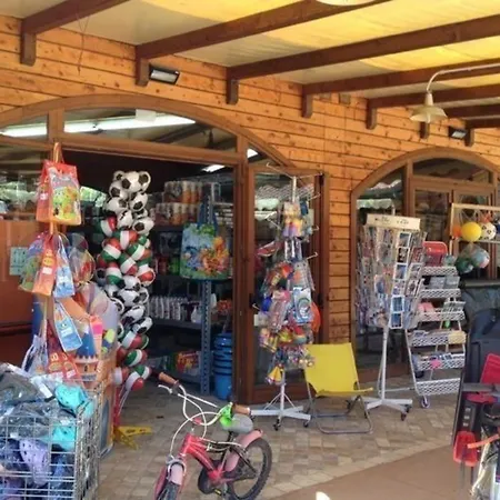 Holzchalet Mit Ueberdachter Veranda Und Terrassenmoebeln Auf Einem Schoenen Campingplatz Viareggio